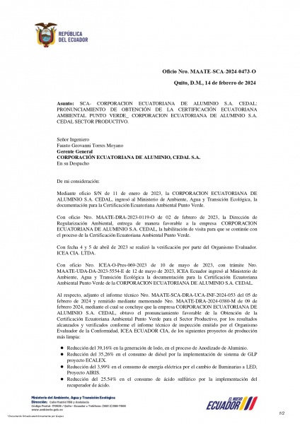 CERTIFICACIÓN ECUATORIANA AMBIENTAL PUNTO VERDE (CEA) AL SECTOR PRODUCTIVO DE LA EMPRESA CORPORACION ECUATORIANA DE ALUMINIO S.A. CEDAL